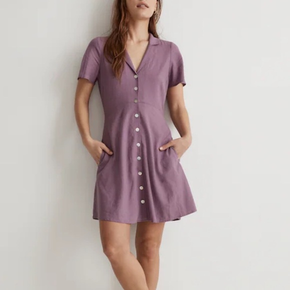 Madewell Kacie Mini Shirtdress Linen Blend Pearl Buttons in Antique Purple - Picture 1 of 11